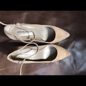 Tan suede ankle strap pumps